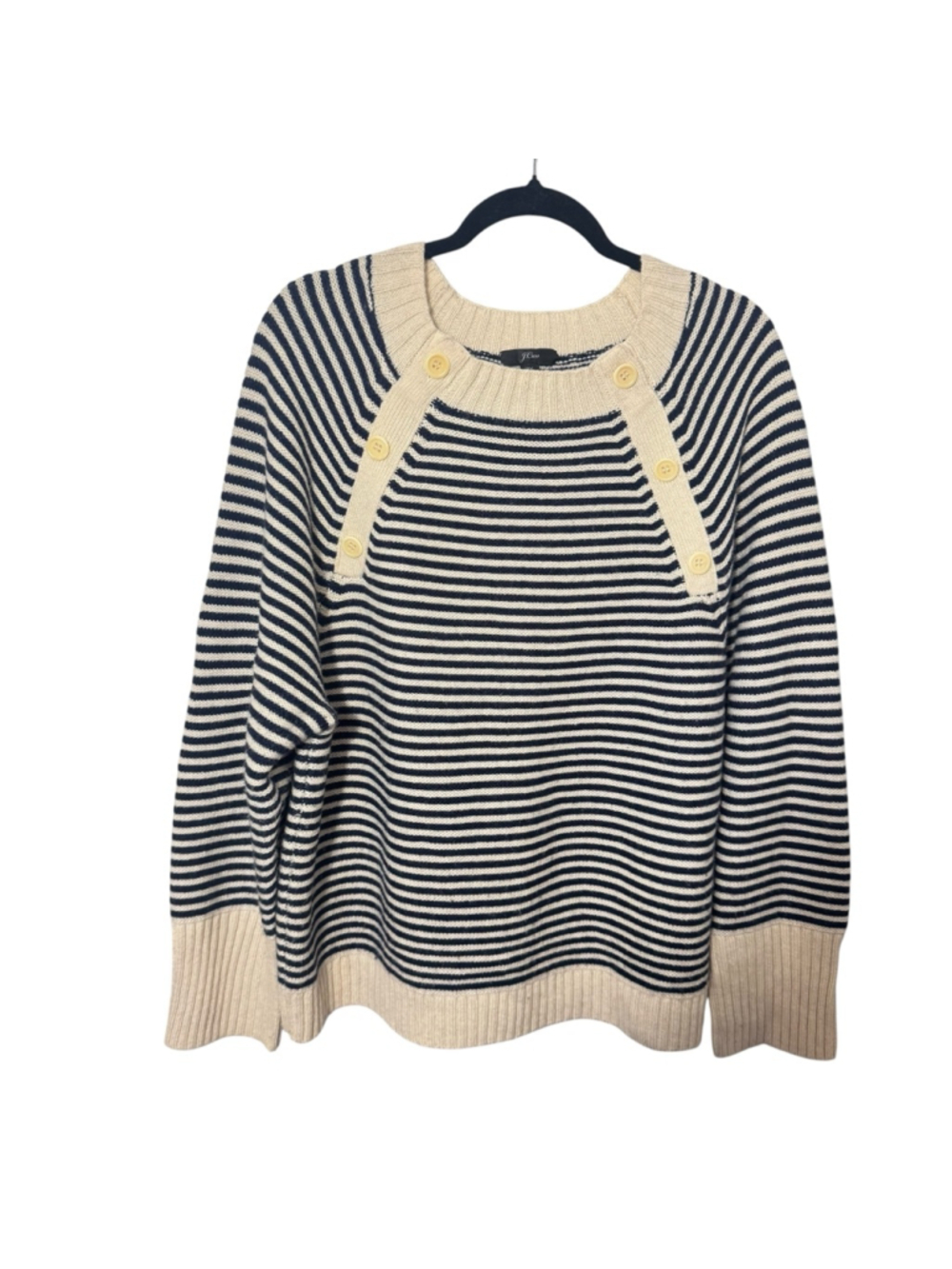 2X J. Crew Crewneck Shoulder button Tippi sweater Nautical Stripes Navy & Cream - Picture 2 of 11